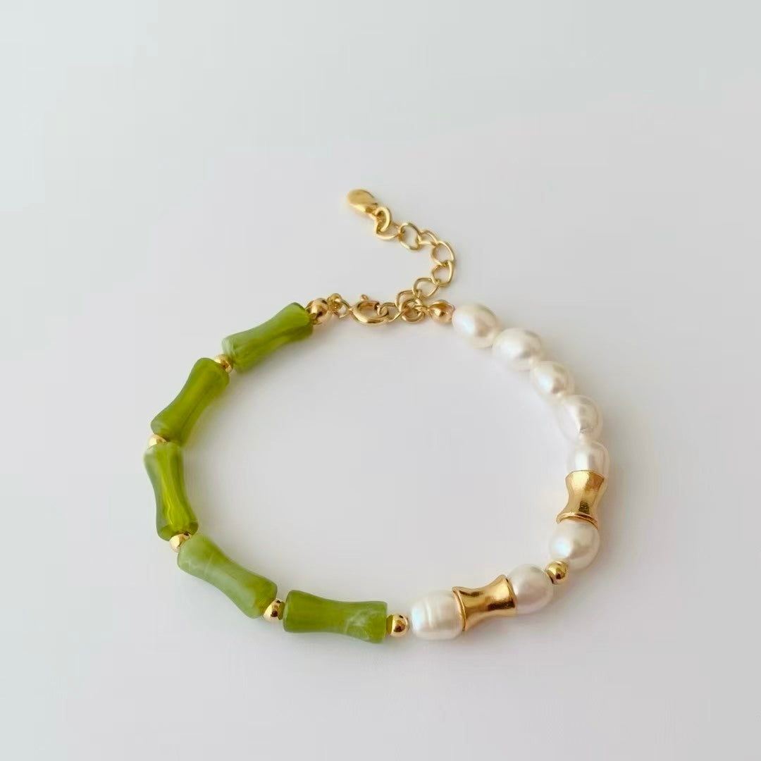 Green Bamboo Stone & Freshwater Pearl Bracelet