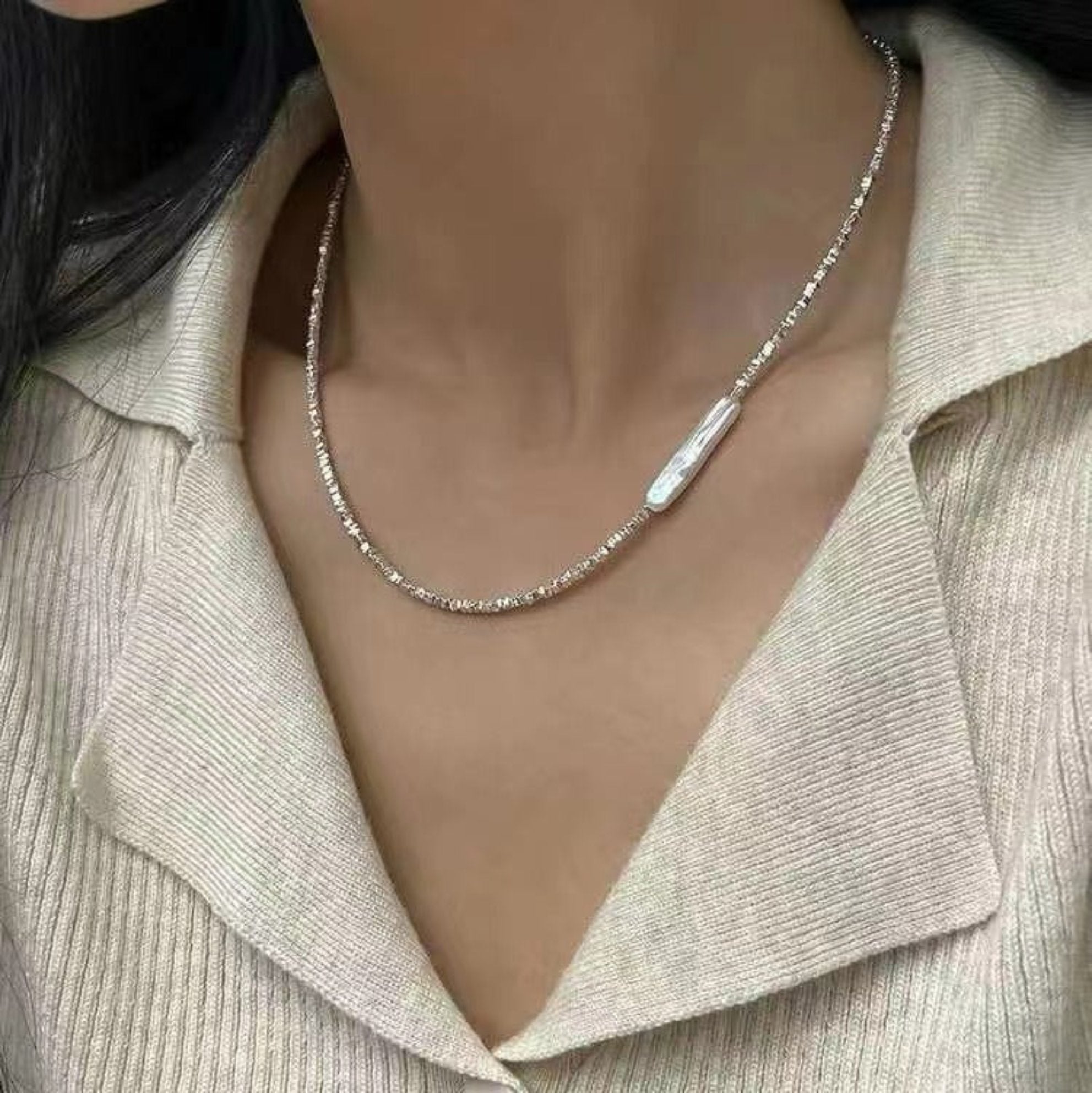 Silver Beaded Necklace with Baroque Pearls