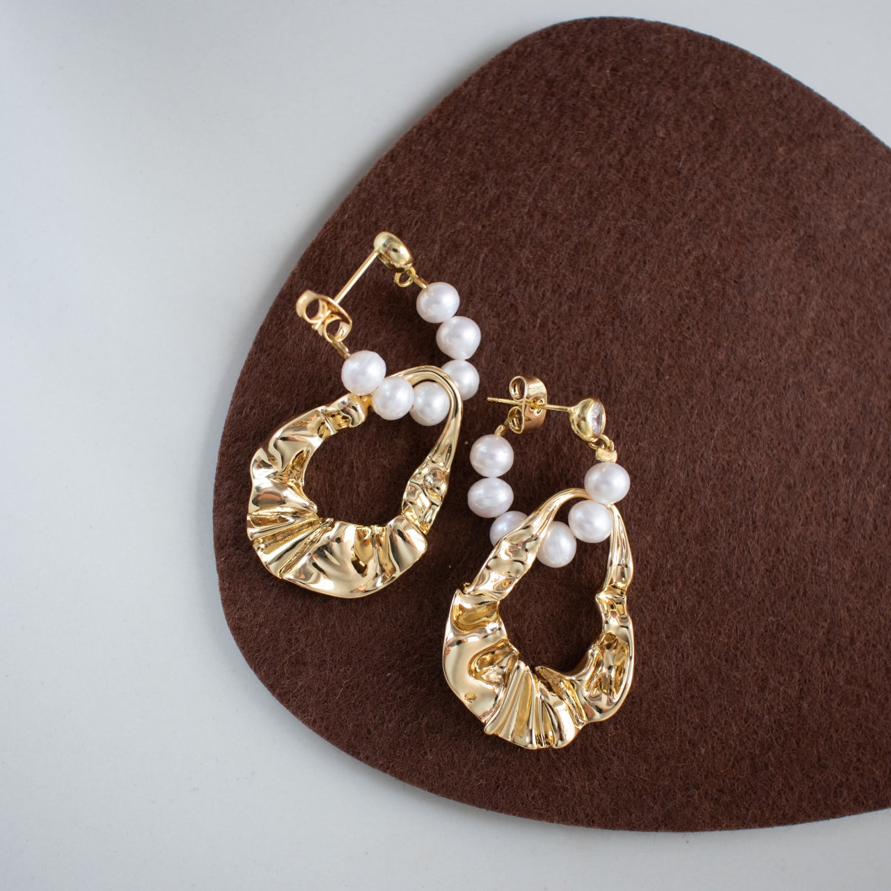 Sculpted Gold Hoop Earrings with Baby Pearls