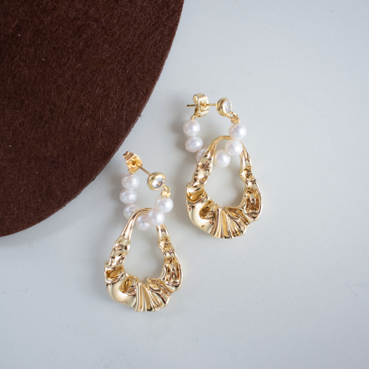 Sculpted Gold Hoop Earrings with Baby Pearls