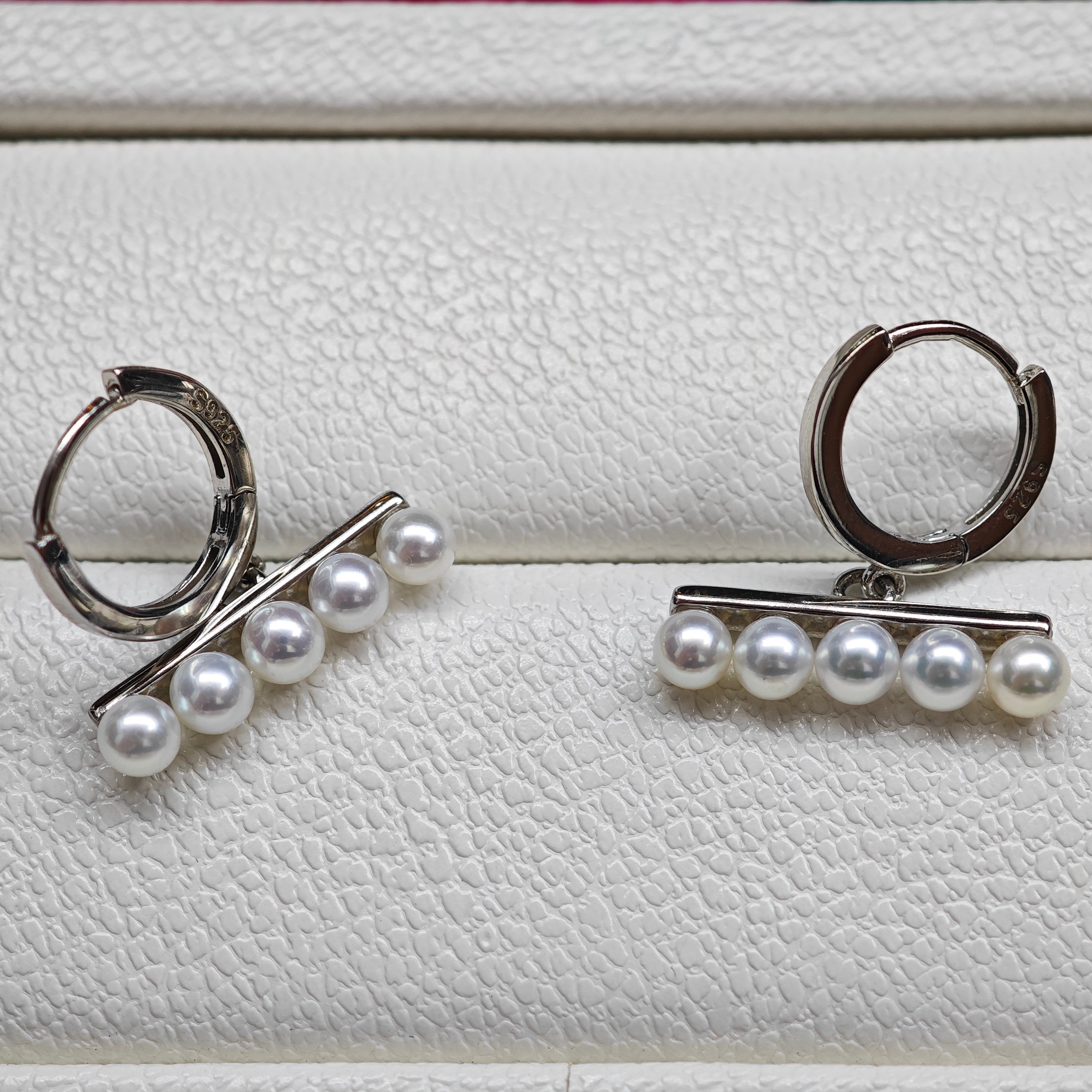 Modern Linear Silver Pearl Earrings