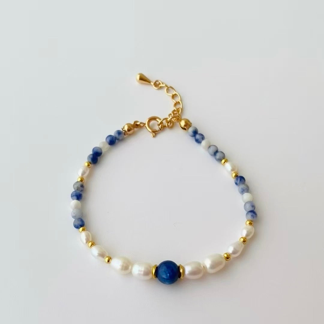 Blue Stone Bead & Freshwater Pearl Bracelet
