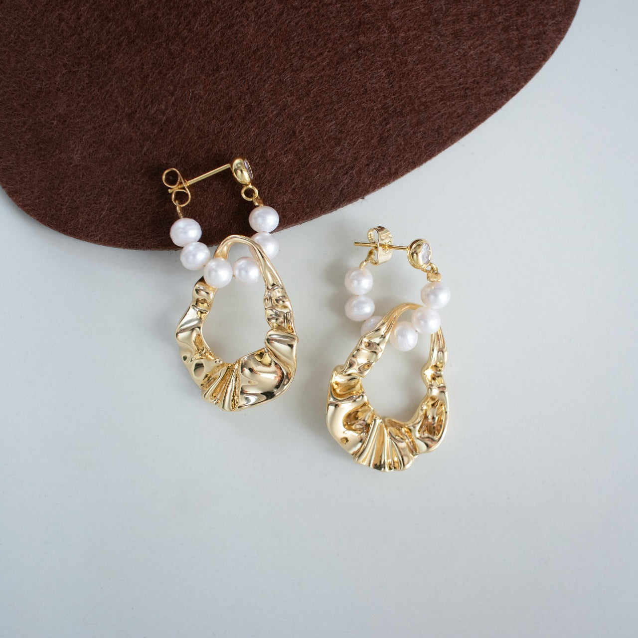 Sculpted Gold Hoop Earrings with Baby Pearls