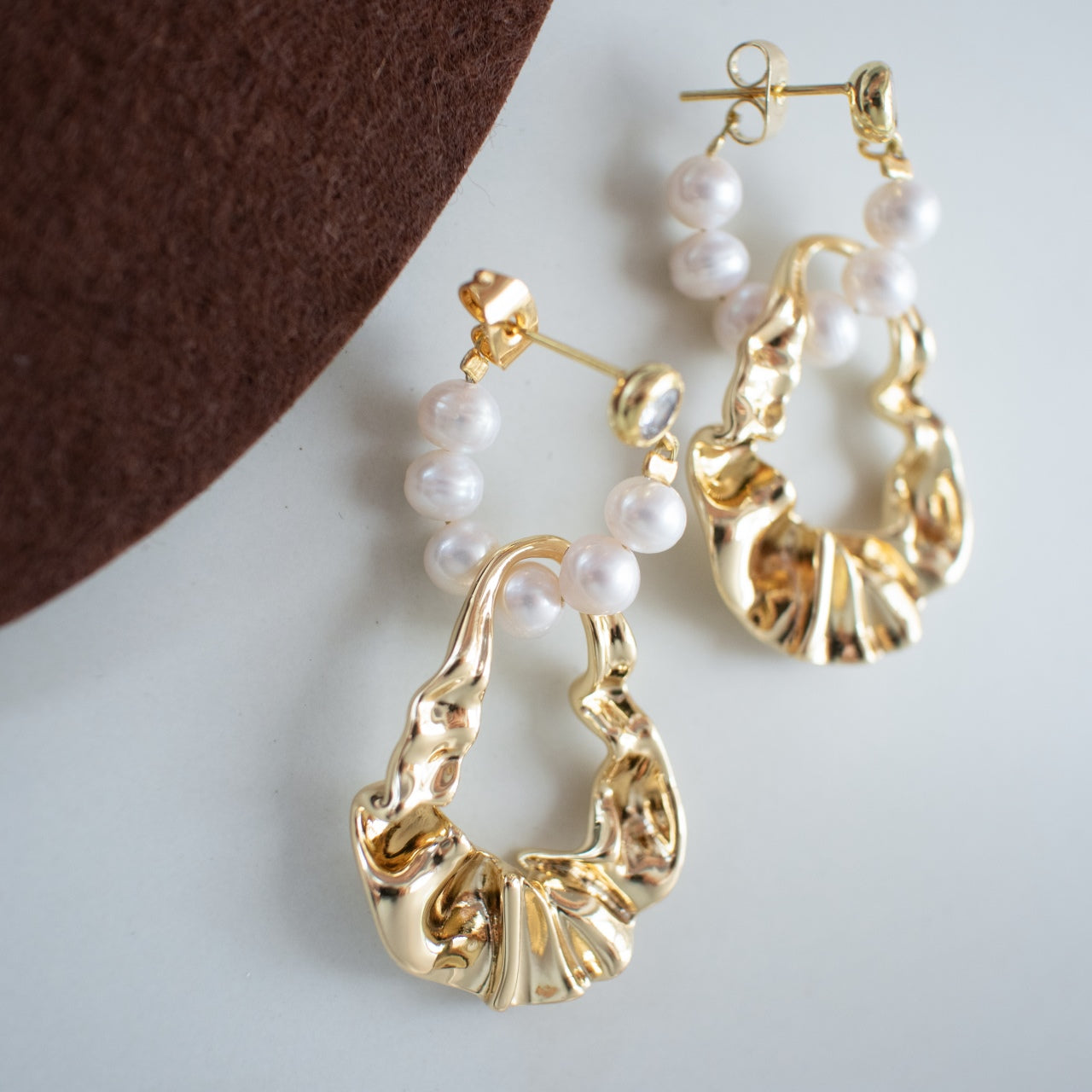 Sculpted Gold Hoop Earrings with Baby Pearls